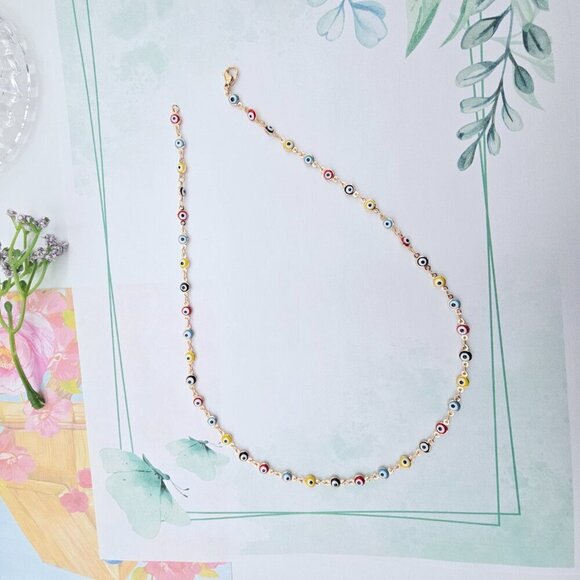 Colorful Evil Eye Rose Gold Necklace, 18 Inch, Gold Plated Brass, XPNL0102 - Picture 10 of 12